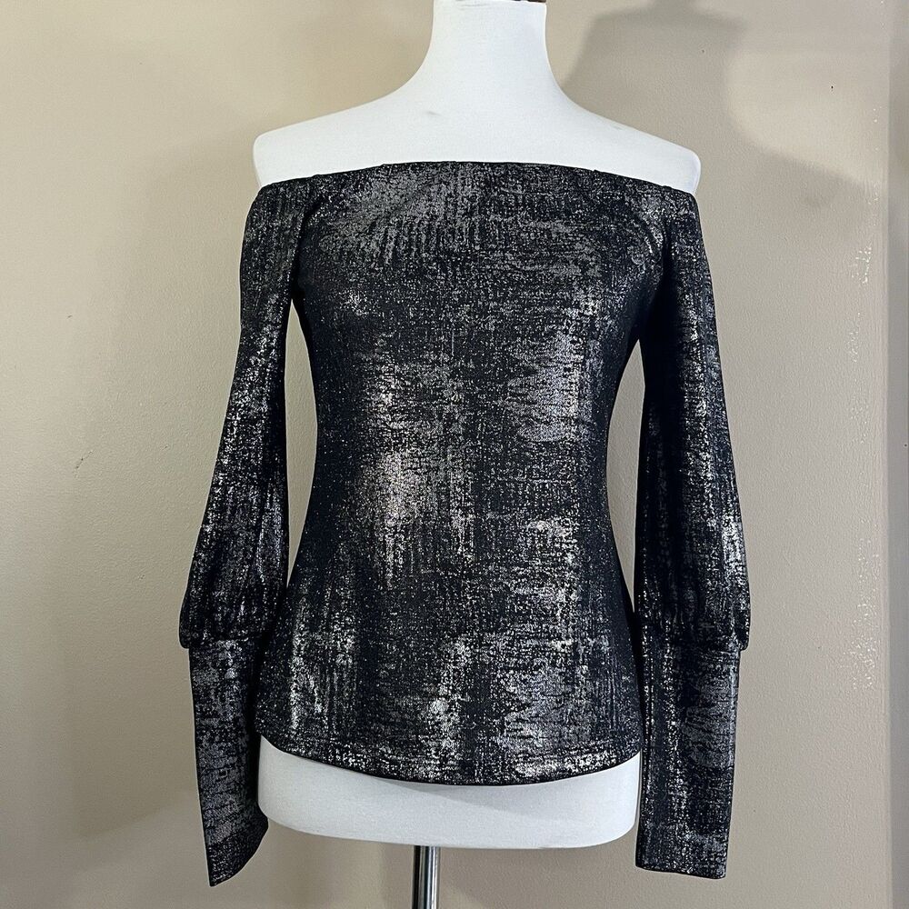 Bold Elements Women Metallic Silver Black Off Shoulder Y2K Top M Stretch Party